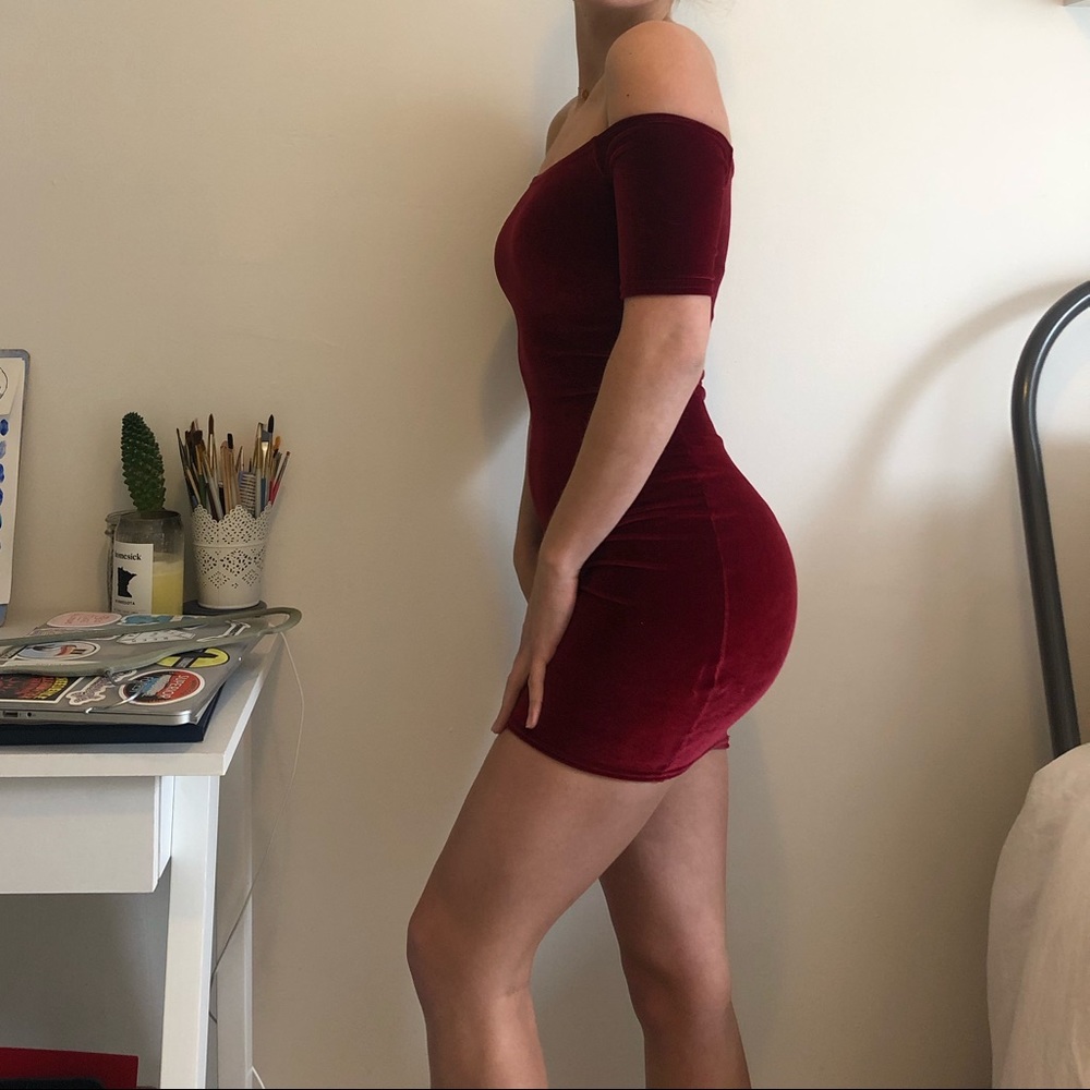 Red velvet boohoo bodycon off the shoulder dress